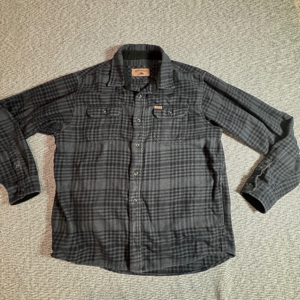 Orvis Mens XL Grey Black Plaid Fleece Lined Flannel Button Down Shirt Pocket